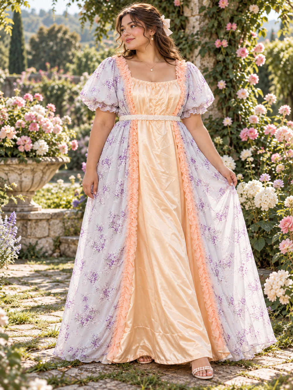 Women's Regency Bridgerton Ball Gown Size 2XL Floral Pearl Peasant Coquette